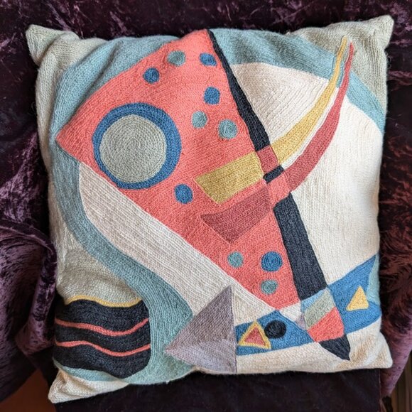 Kandinsky Style Wool Chainstitch Crewelwork Decorative Accent Pillow - Picture 8 of 15